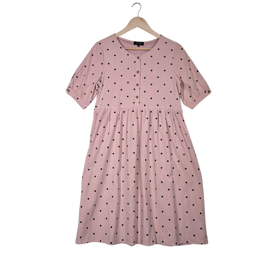 Roolee Babydoll Dress S Pink Black Polka Dot Button Front Coquette Soft Girl